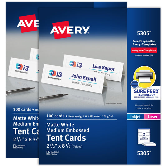 Avery Printable Tent Cards, Sure Feed Technology, 2.5" x 8.5", White with Embossed Border, 2-Pack, Total of 200 Blank Place Cards for Laser or Inkjet Printers (25305)