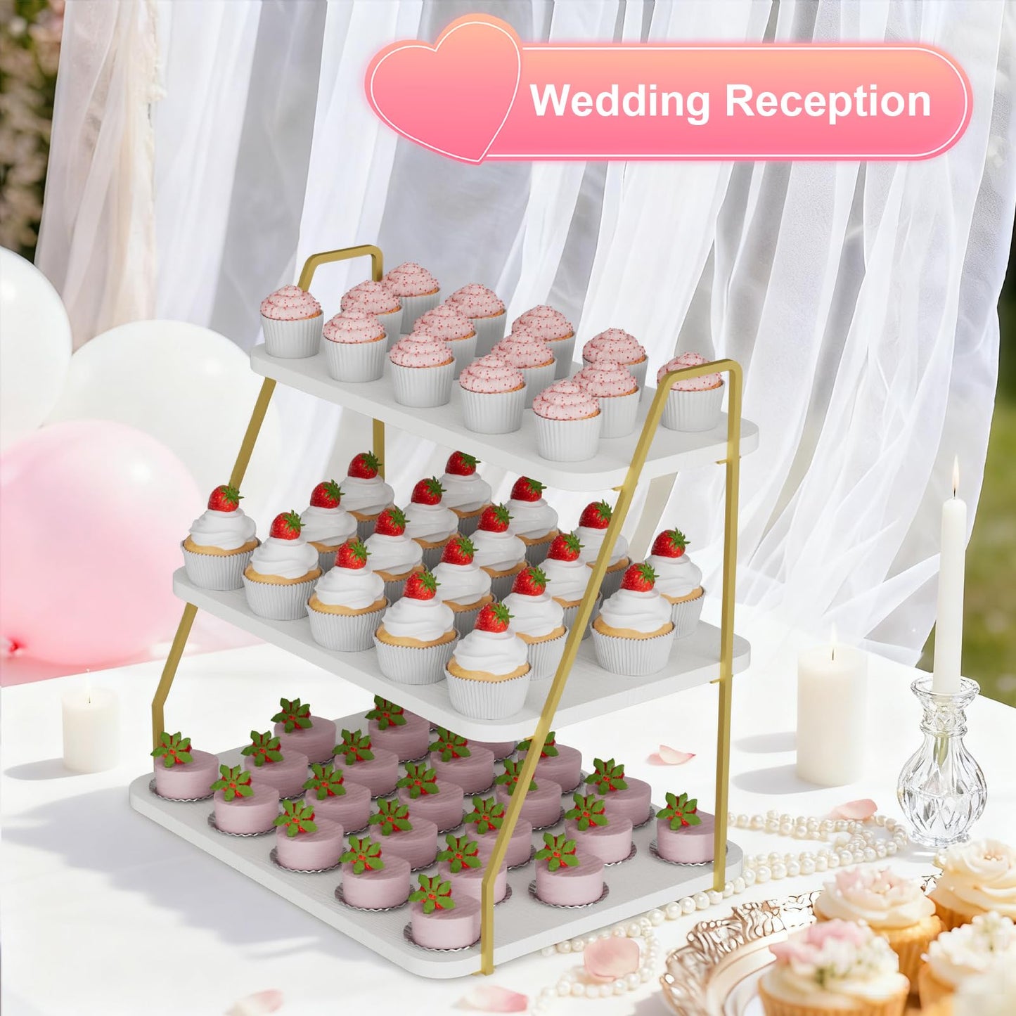 VyGrow Cupcake Stand, 3-Tier Dessert Stand for 55 Cupcakes, Wood & Metal Tower Display Premium Holder Dessert Tree Tower for Christmas Birthday Weddings Party Decor, Serving Tray (White & Gold)