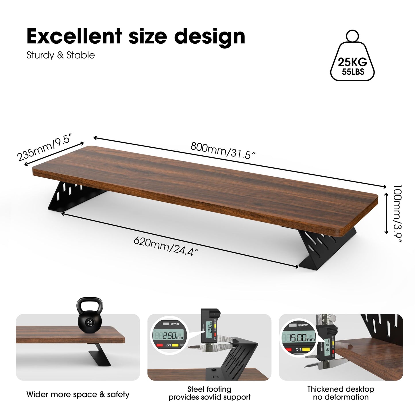 Fenge Monitor Stand Riser, 31.5 Inch Desk Top Shelf for 2 Monitors, Computer Stands for Desk, Wood & Steel Desktop Riser for Laptop, PC, Printer