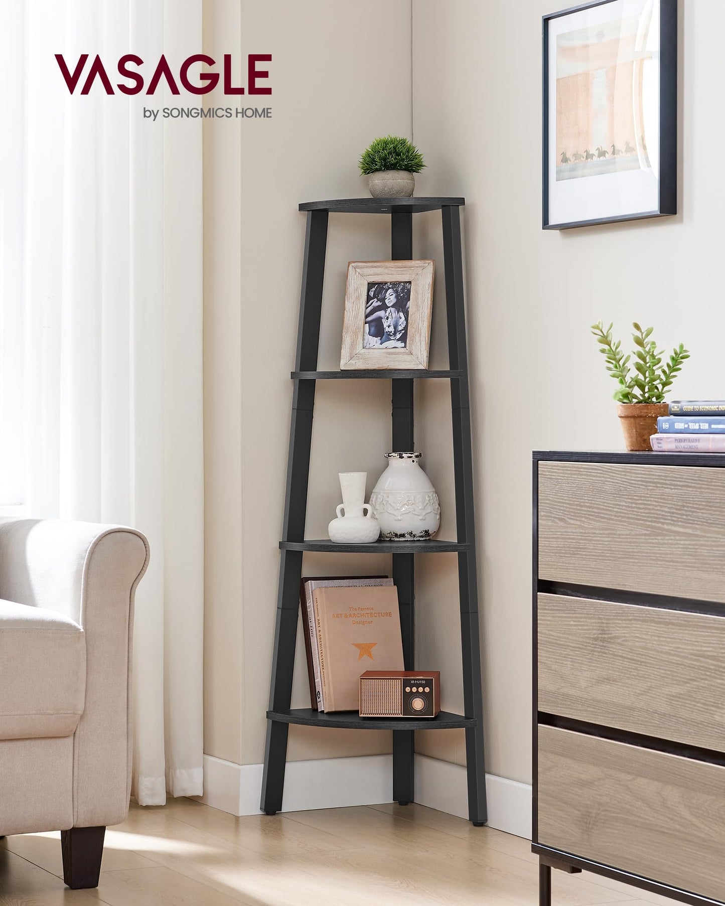 VASAGLE Corner Shelf Stand, 4-Tier Corner Bookshelf, Industrial Ladder Shelf, Plant Stand for Living Room, Office, Kitchen, Charcoal Gray and Matte Black ULLS034B22