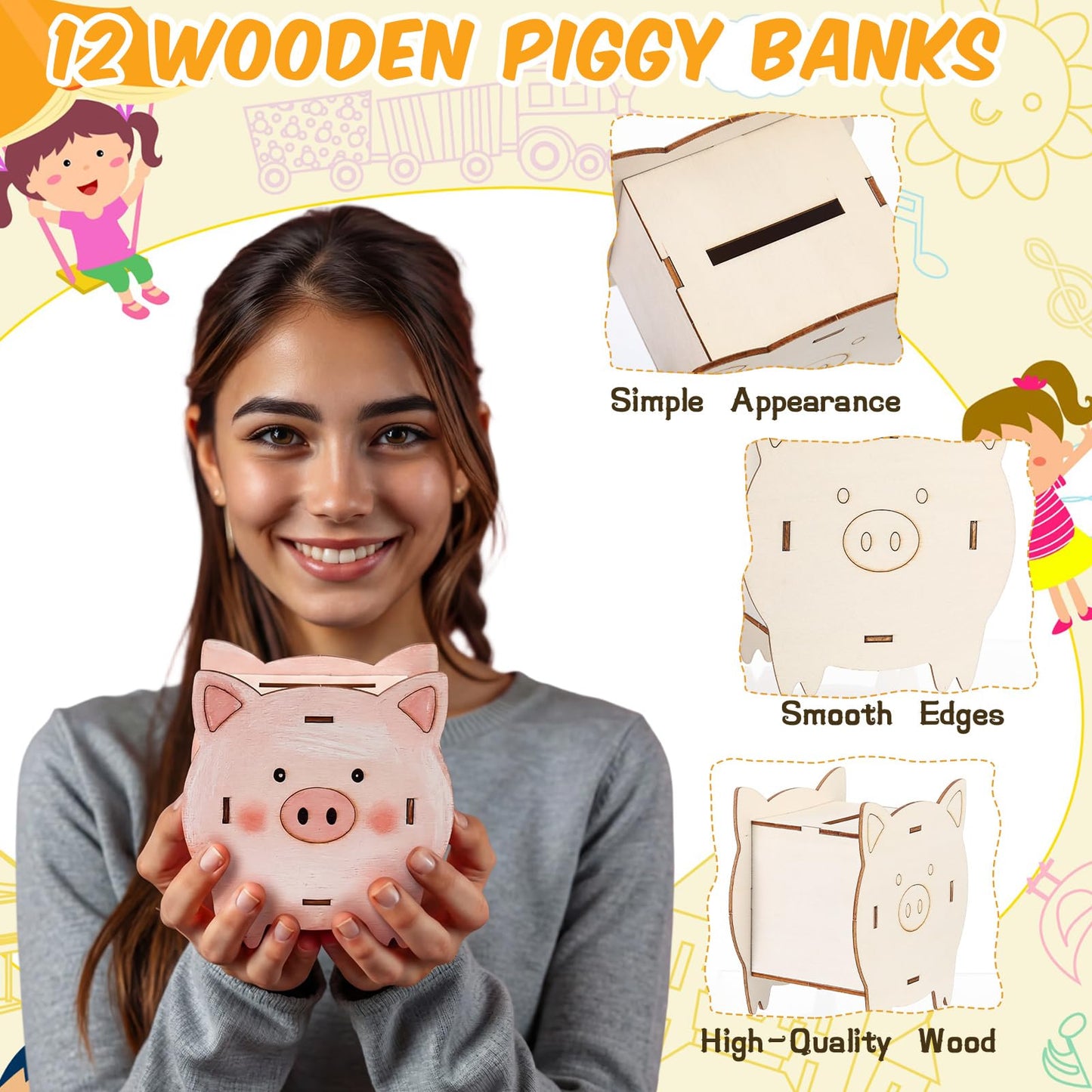 Weysat 12 Set DIY Wooden Piggy Banks Kit Unfinished Pig Coin Banks Craft with Paint Strips Brushes Palette Money Saving Box Small Change Container Art Craft Fo Birthday Home Festival Gift