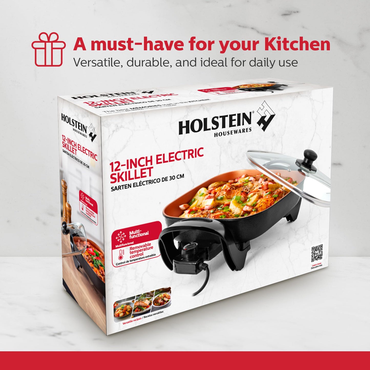 Holstein Housewares 12-Inch Electric Skillet - 1400W Electric Pan with Adjustable Temperature Control, PFOA-Free Non-Stick Coating, Cool-Touch Handles, Multi-Function Cooker, Copper & Black