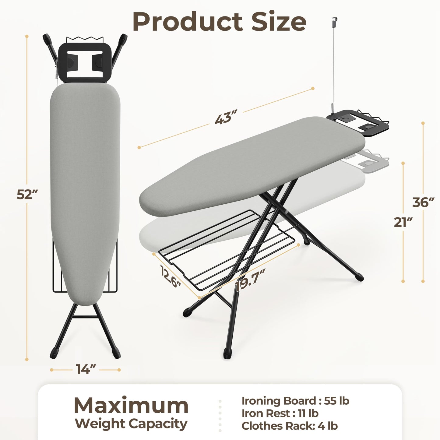Yaheetech Ironing Board, Compact Heavy Duty Iron Board with Cord Holder, Steam Iron Rest and Bottom Storage Tray, 9 Adjustable Heights & 3 Layer Cover, 52X14 Gray