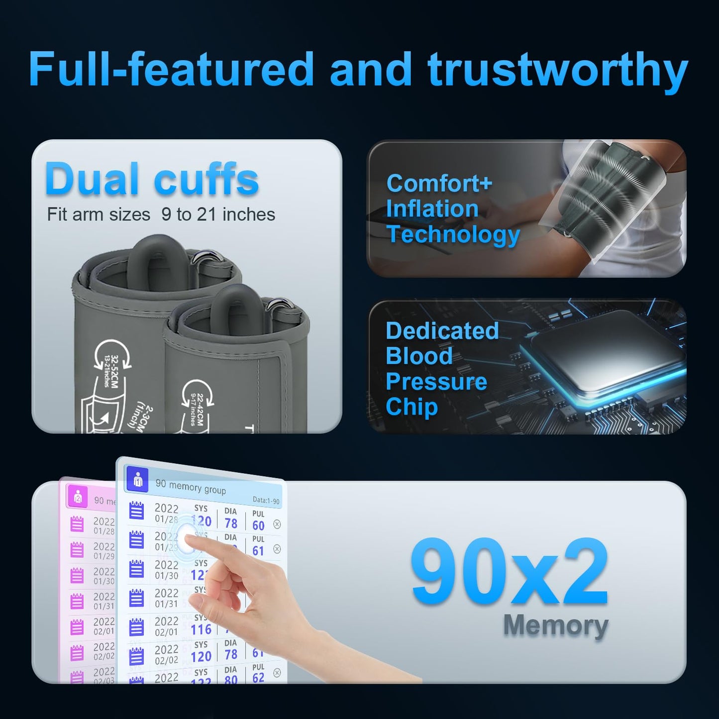 Accurate Digital BP Machine - Automatic Blood Pressure Monitor with XL Cuff (13-21") & M/L Cuff (9-17") for Big/Medium Arms, Large Backlit LCD Display, 360° Adjustable & Portable for Adults