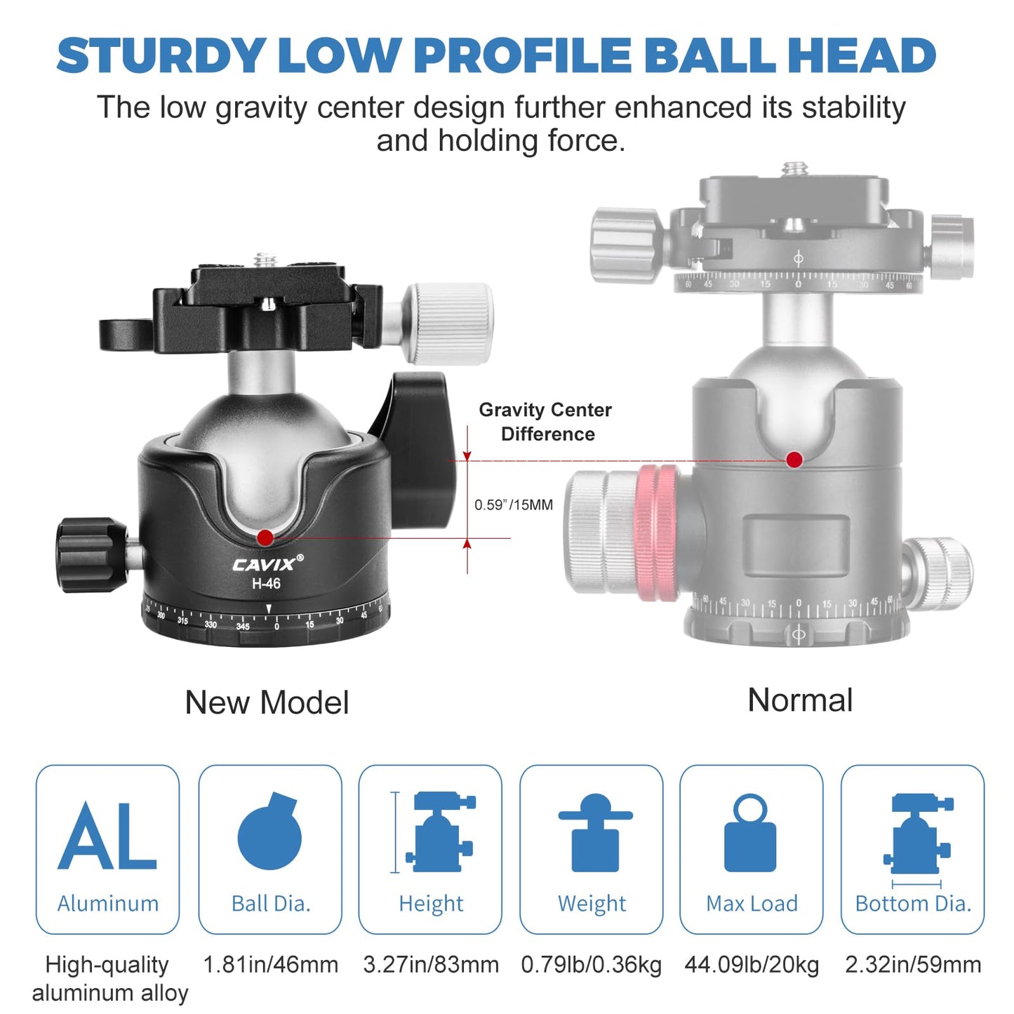 CAVIX Tripod Ball Head with 1/4" Arca Swiss Quick Release Plate Aluminium Tripod Ball Head Mount Large Ball
