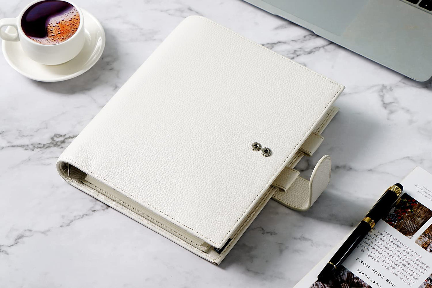 Moterm A5 Luxe Rings Planner - Genuine Leather Binder Organizer (30mm Ring, Pebbled-Cream)