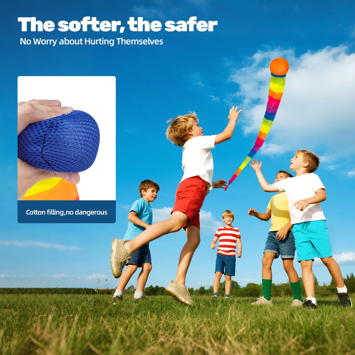 Wholelovein Rainbow Tail Shooting and Catching Balls 95cm Soft Toy for Kids Outdoor Learning Equipment Leisure Games 10 Pack
