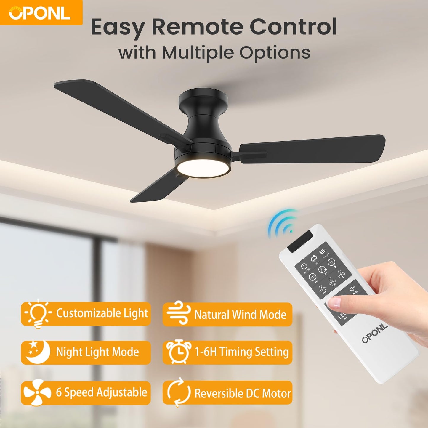 OPONL 42 Inch Black Ceiling Fan with Light, Remote Control, Noiseless, Reversible, 6CCT, Dimmable, Timeable, Metal Housing, Flush Mount Ceiling Fans with Lights for Bedroom, Indoor/Outdoor Use