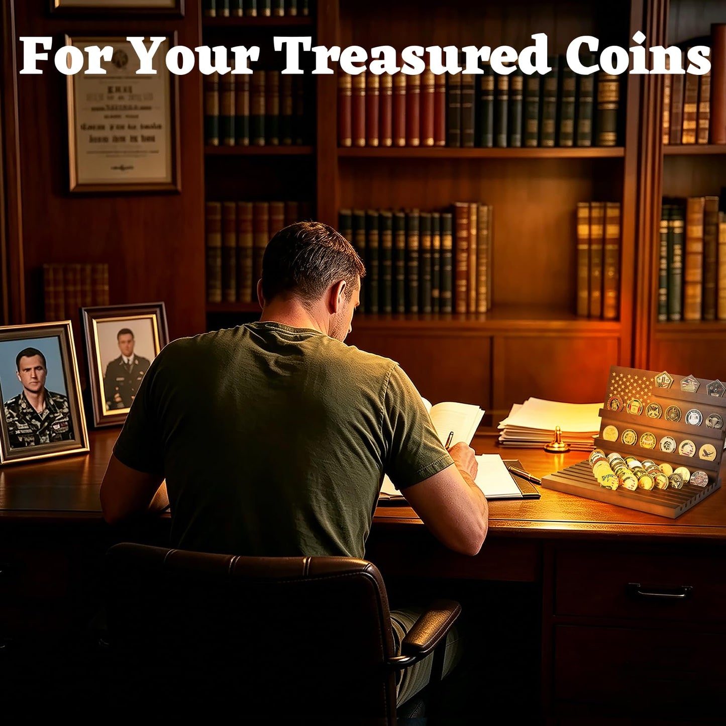 Yncotte Challenge Coin Display, Slotted Stands Military Coin Holder Display Rack Solid Wood for Army Coin Collection Desk Tabletop Decorative Stands, Large Capacity of 80 Coins 8 Raw (Walnut)