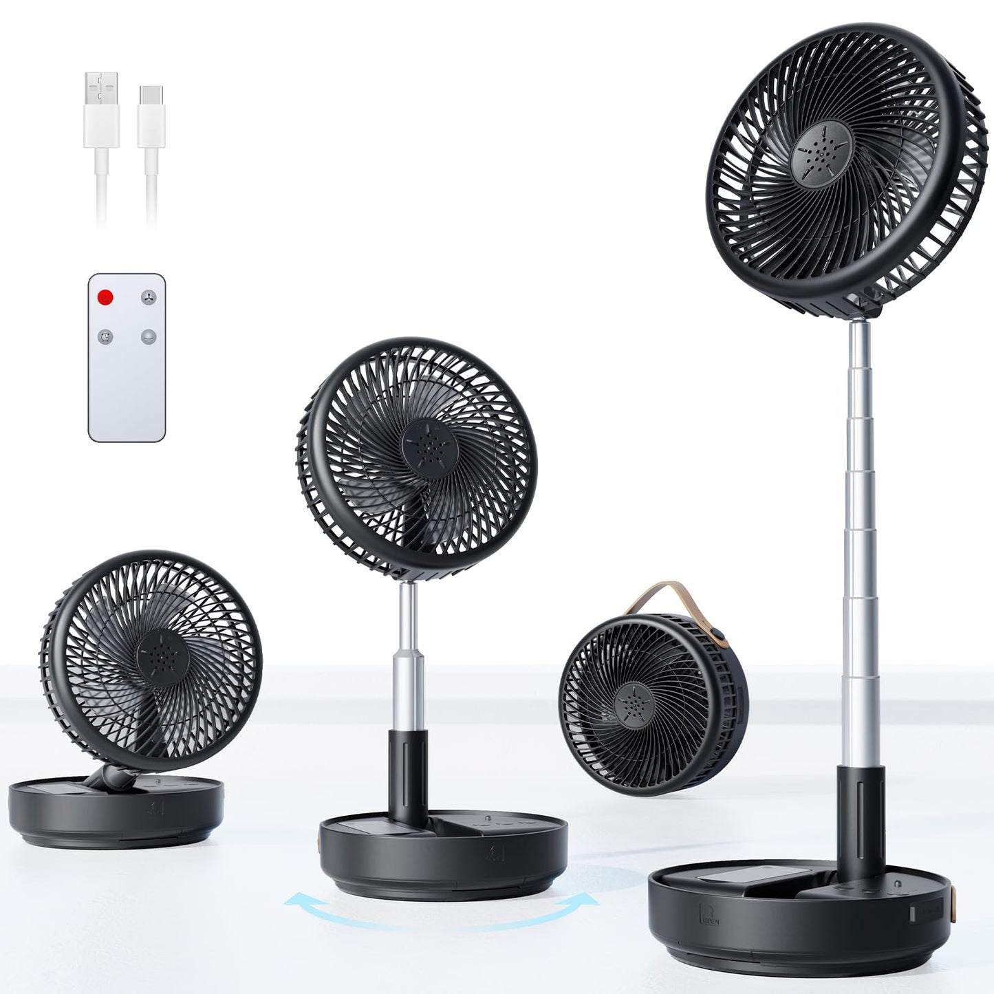 Primelove Portable Oscillating Travel Fan, 10400mAh Battery Operated Rechargeable USB Floor Table Desk Fan with Remote, 4 Speed Settings Pedestal Fan for Home Bedroom Office Camping, Black 8"