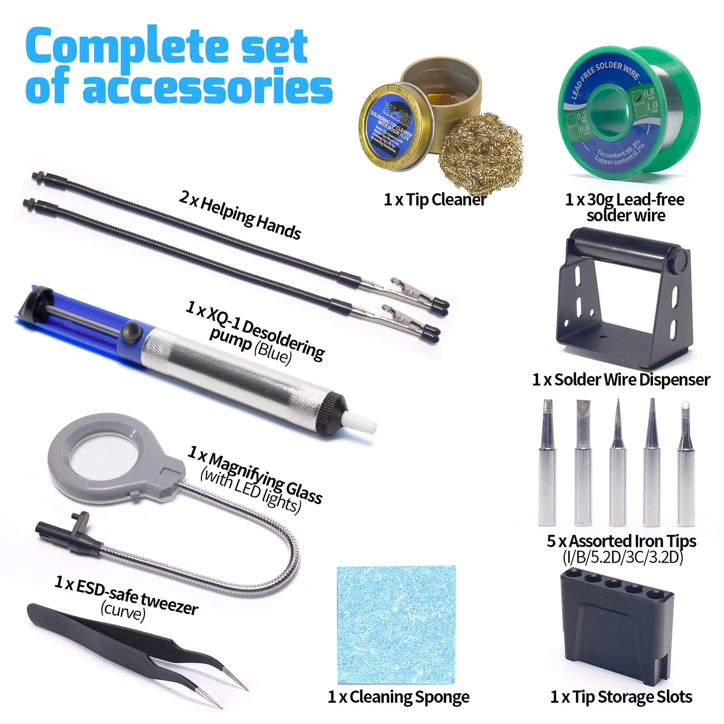 WEP 927-IV Soldering Station Kit High-Power 110W with 3 Preset Channels, Sleep Mode, LED Magnifier, 5 Extra Iron Tips, Tip Cleaner, 2 Helping Hands, Tip Storage Slots, Lead-free Solder Wire, Tweezers