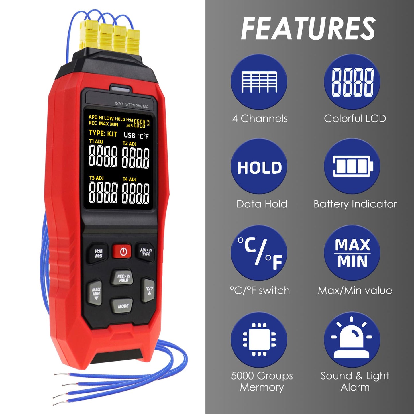 4-Channel Thermocouple Thermometer DataLogger, Digital K/J/T Type Thermometer with 5000 Groups Programmable Temperature Data Logging in Range of -328~2501℉, 4 K-Type thermocouples, ADJ Compensation