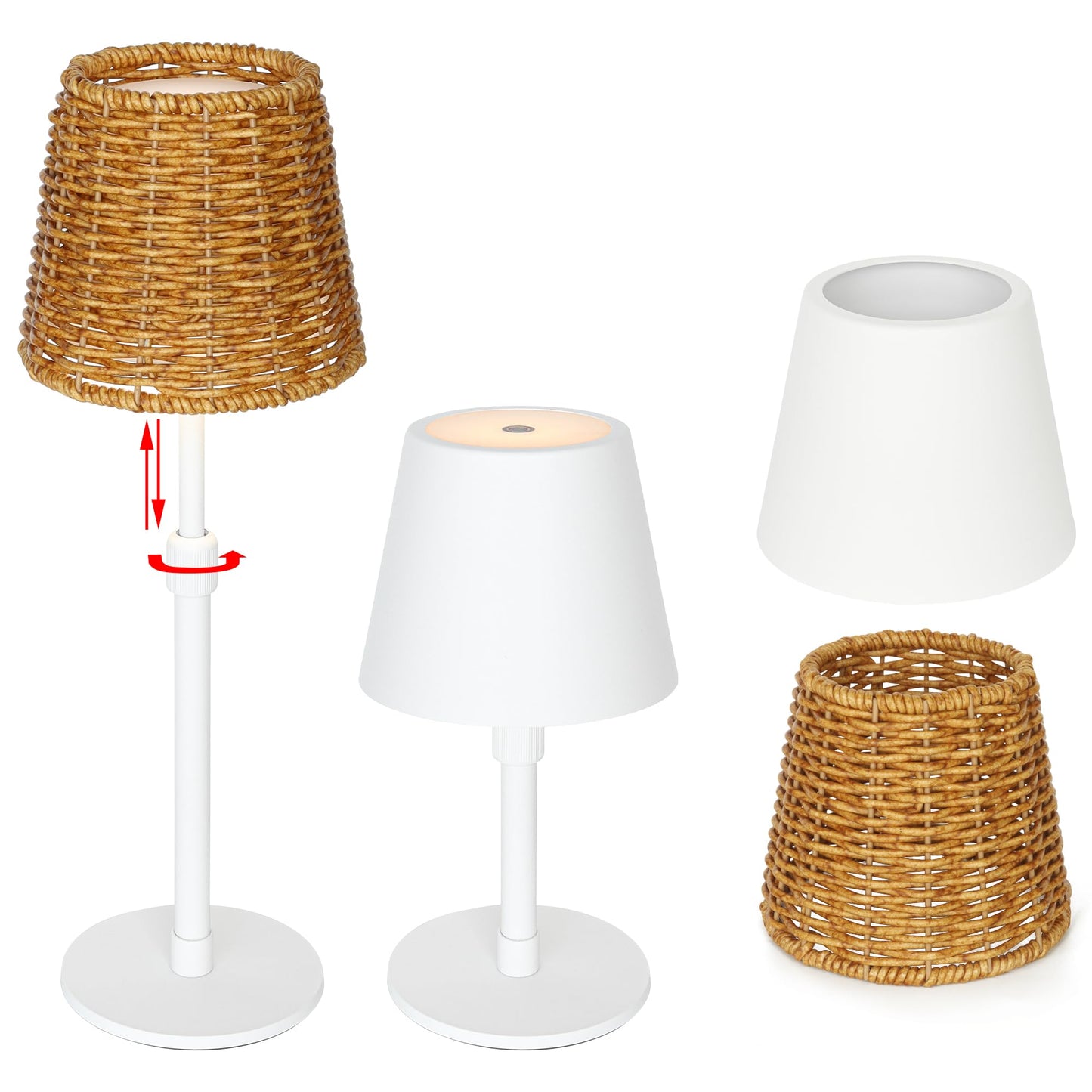 Mr.White Outdoor Waterproof Rechargeable Cordless Table Lamp with Telescopic Pole & Wicker Shade, 5200mAh Battery Operated Table Light with Touch Control, for Patio Restaurant Kitchen (White 2 Pack)