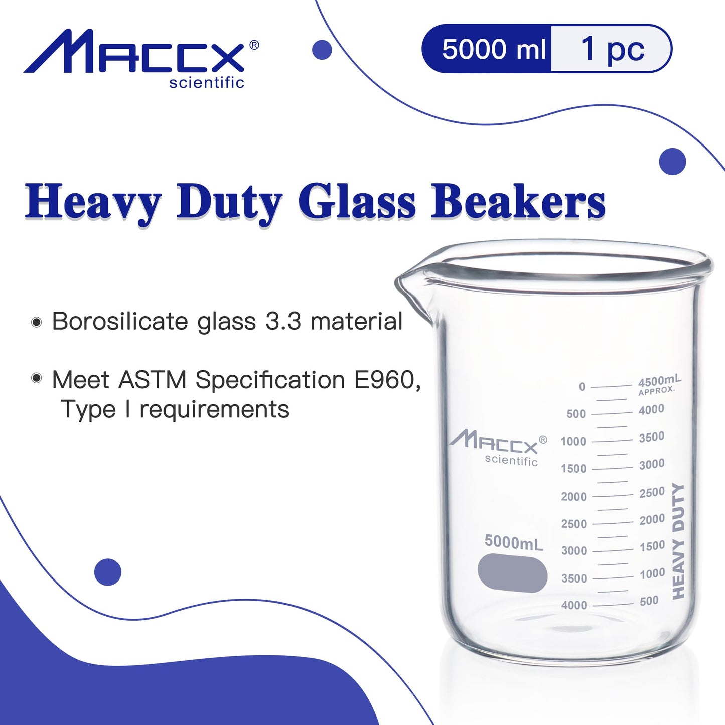 Maccx 170oz(5000ml) Sturdy Glass Beaker, Heavy-Duty 5L Lab Beakers，3.3 Borosilicate Low Form with Printed Graduation, BKL5K0-001