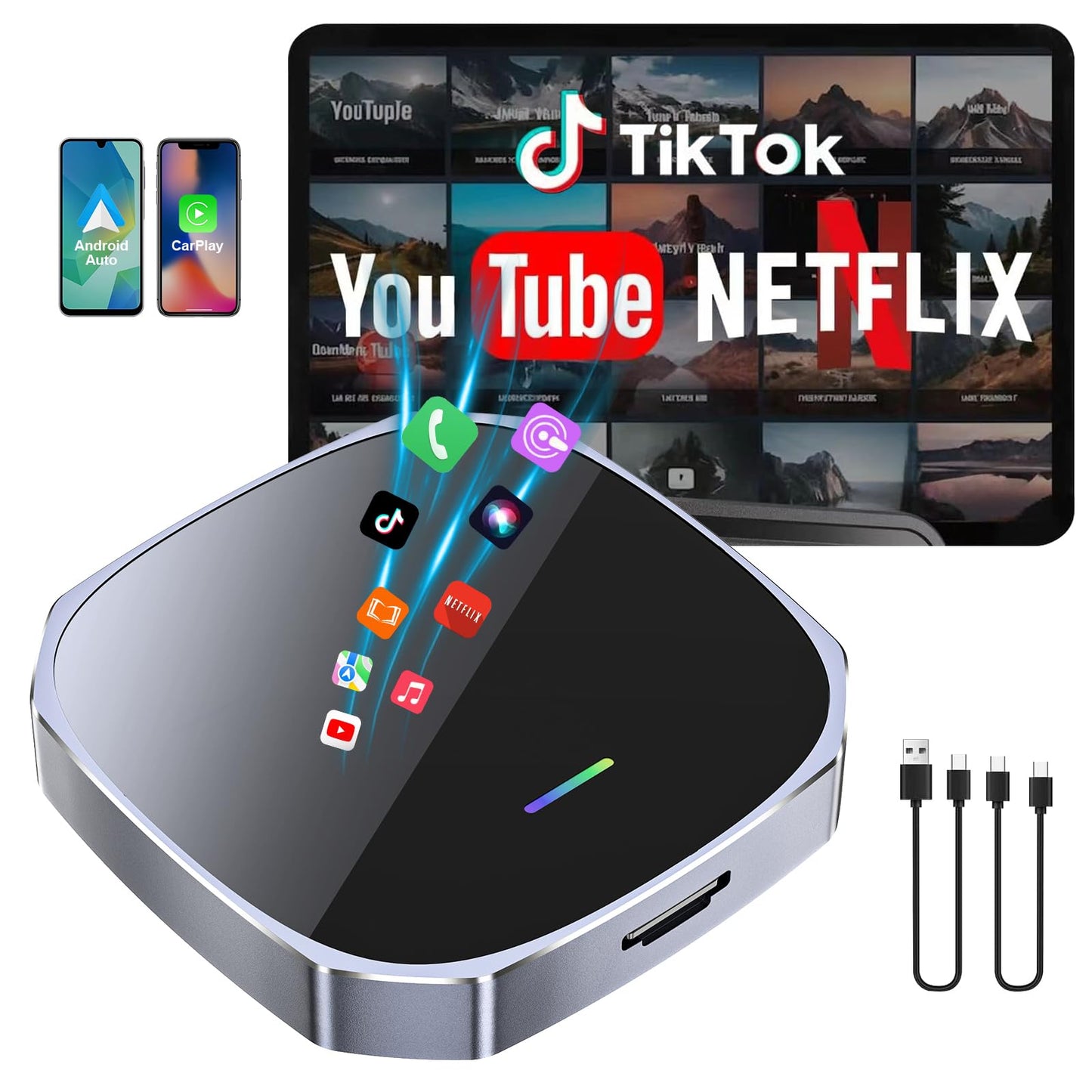 2-in-1 Wireless Apple CarPlay&Android Auto Adapter 2025, Magic AI Box Streaming Dongle Support Netflix/YouTube, Plug&Play, Car Play Wireless Adapter, Only Fit for Cars with Wired CarPlay/Android Auto
