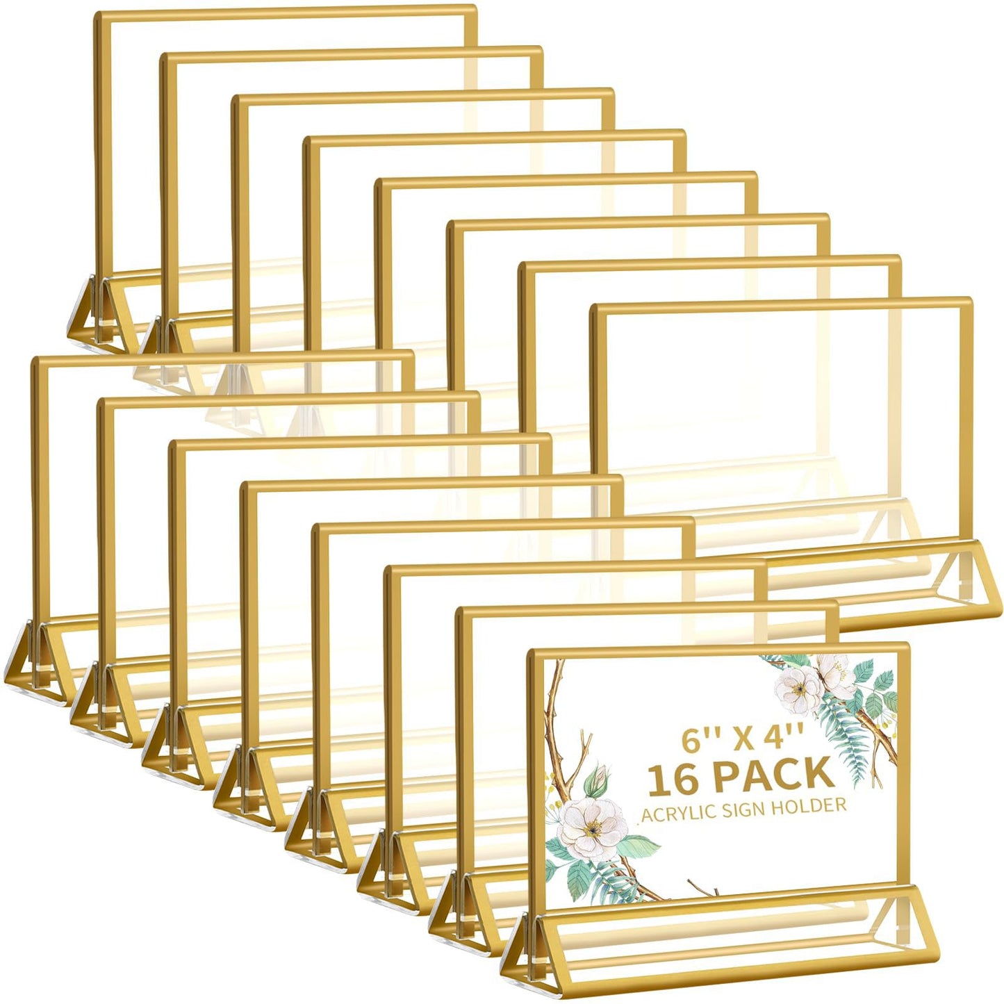 Smarpau 4x6 Acrylic Sign Holder with Gold Frames，16 Pack Wedding Table Number Holders，Double Sided Table Menu Acrylic Sign，Horizontal Picture Frame，Restaurant Sign，Photos Display，Paper Display Stand