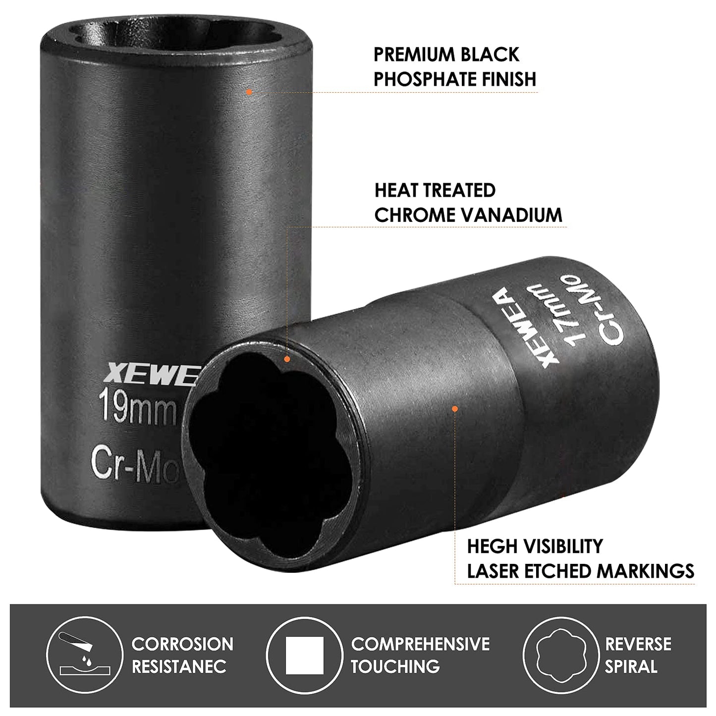 XEWEA 9PCS Lug Nut Extractor Set, 1/2" Drive Impact Bolt Remover Socket Tool, Wheel Lock Removal Kit, Easy Out Extractor Set for Damaged, Frozen, Rusted, Rounded-Off Bolts, Father's Day Gift