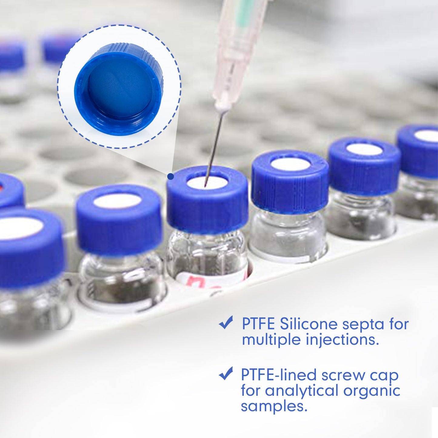 ALWSCI 1000PCS Blue 9-425 Open Top Ribbed Screw Cap, 2 ml HPLC Vial Caps, Pre-Slit 9 mm Blue PTFE/White Silicone Liner
