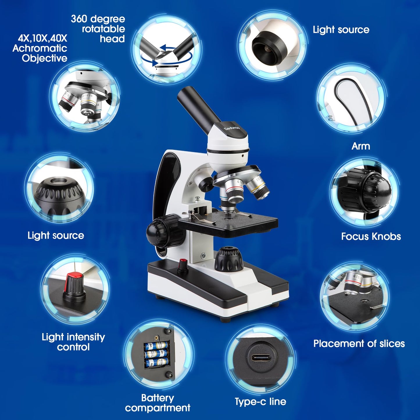 Sedumic Microscope for Adults Kids 40X-2000X Compound Monocular Microscope for Students School Laboratory Home Education with Slides Set Phone Adapter