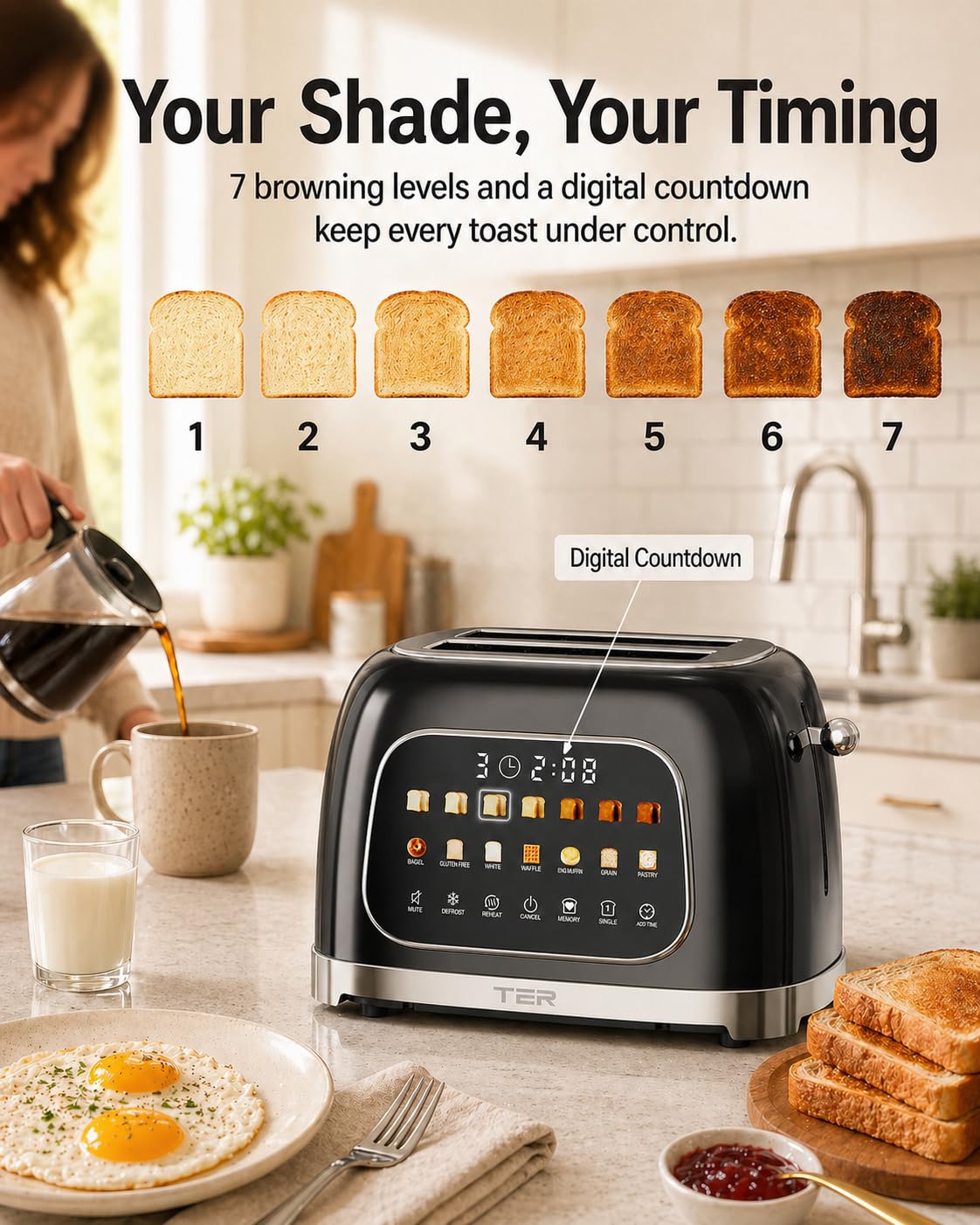 Toaster 2 Slice, Touch Screen Wide Slot Retro Toaster for Bagel & Thick Breads, Stainless Steel Smart Digital Toasters, 7 Bread Modes & 7 Browning Levels, Mute Mode, Memory, Defrost & Reheat, Black
