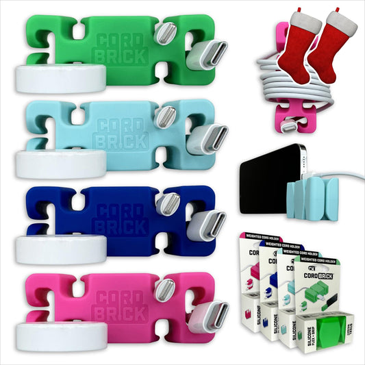 CordBrick 4pk Weighted Cord Holder for Nightstand - Phone Charger Cable Management for Travel - Phone Accessory Stocking Stuffers for Adults - Multipurpose Gift for Home, Office, Assorted