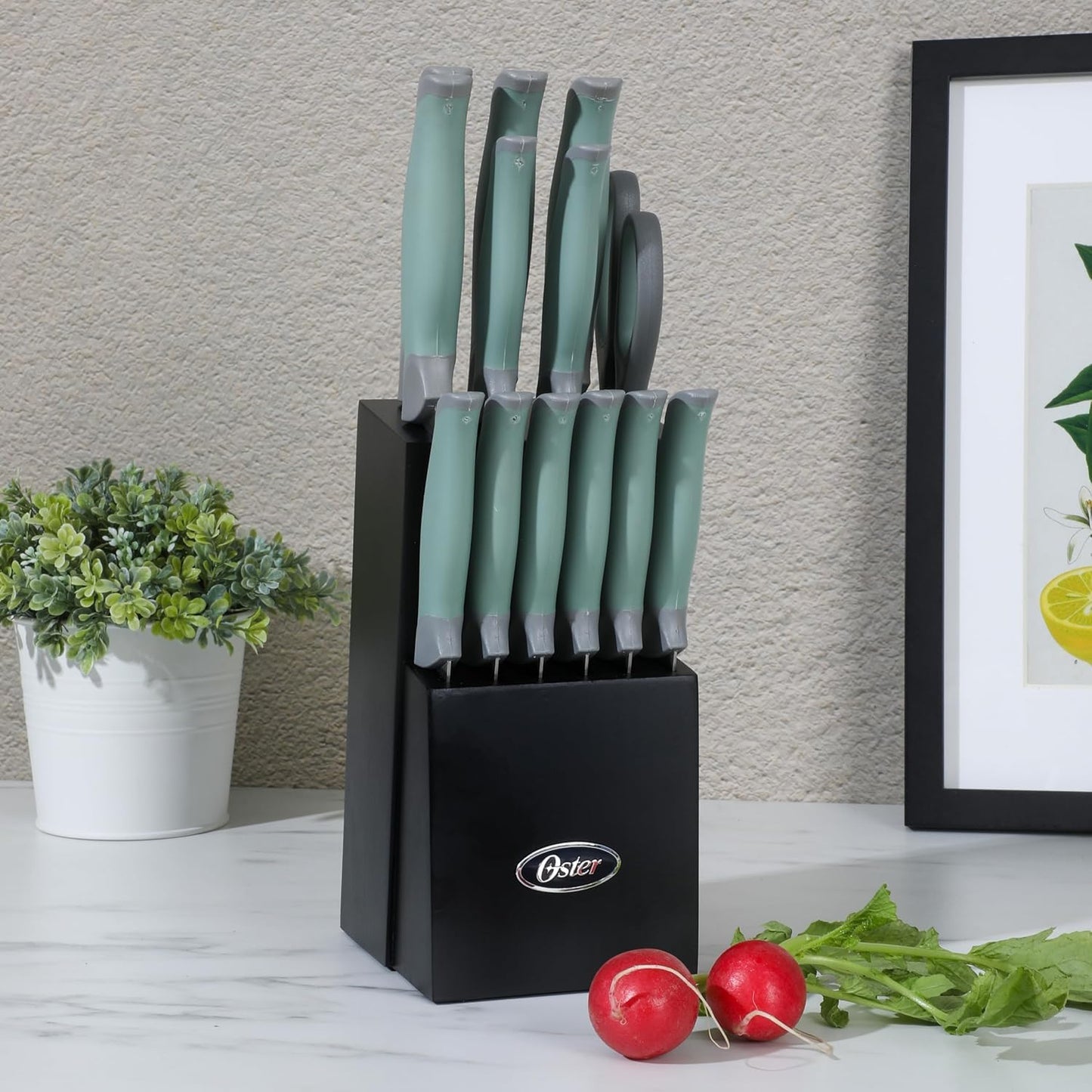 Oster Lindbergh 14 Piece Stainless Steel Kitchen Knife Block Set - Sage Green W/Black Knife Block - Cuchillos Para Cocina