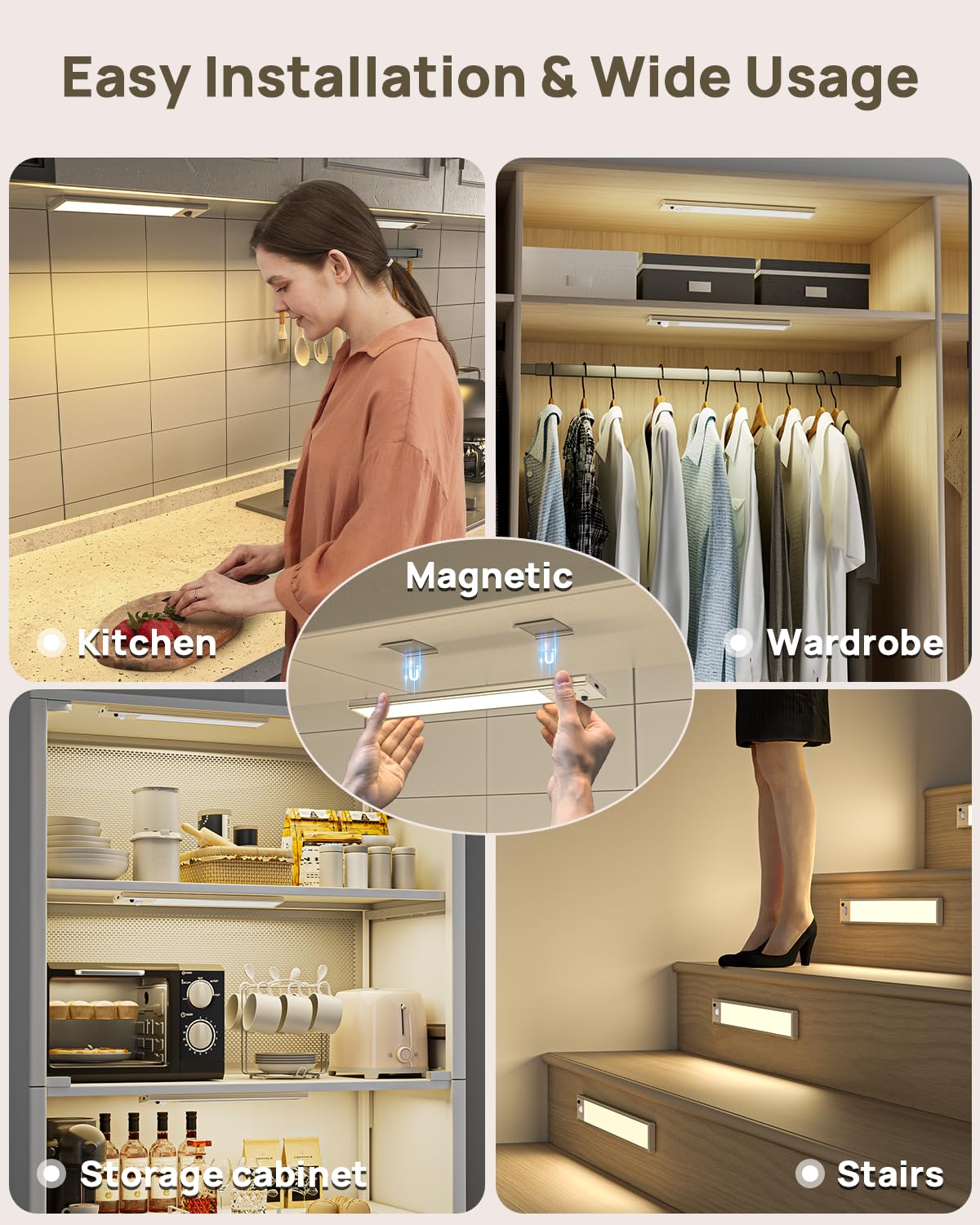 Under Cabinet Lighting with Remote Control,USB Rechargeable 180 Lumen Motion Sensor Light Indoor,Magnetic Wireless Under Counter Light,3 Color Dimmable Closet Lights for Kitchen, Pantry, Stair, 6 Pack