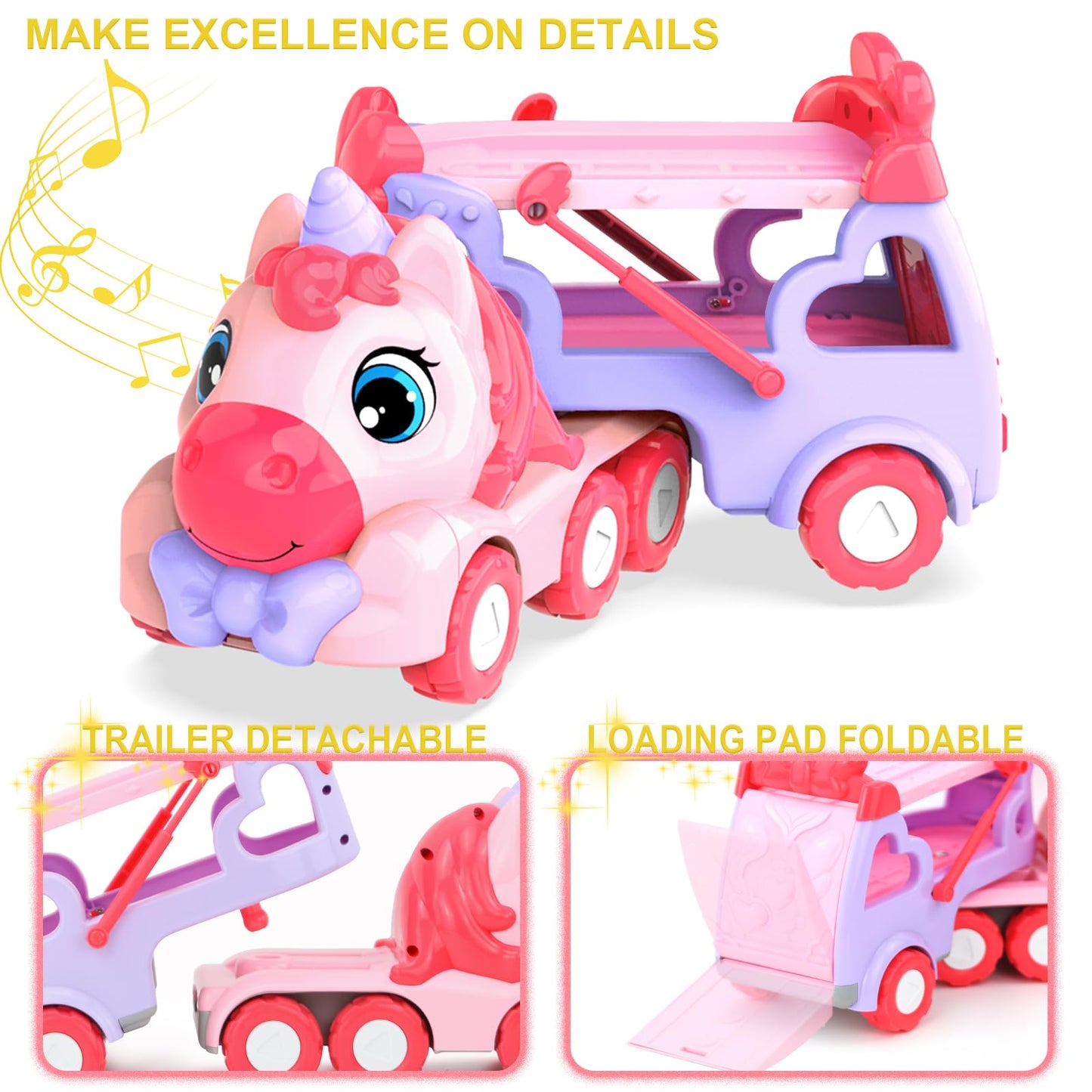 Toys for 1 2 3 Year Old Girl, 5-in-1 Unicorn Carrier Truck Toy Cars with Light & Sound,Girl Toddler Toys Age 2-4, 1 2 3 Year Old Girls Birthday Gifts