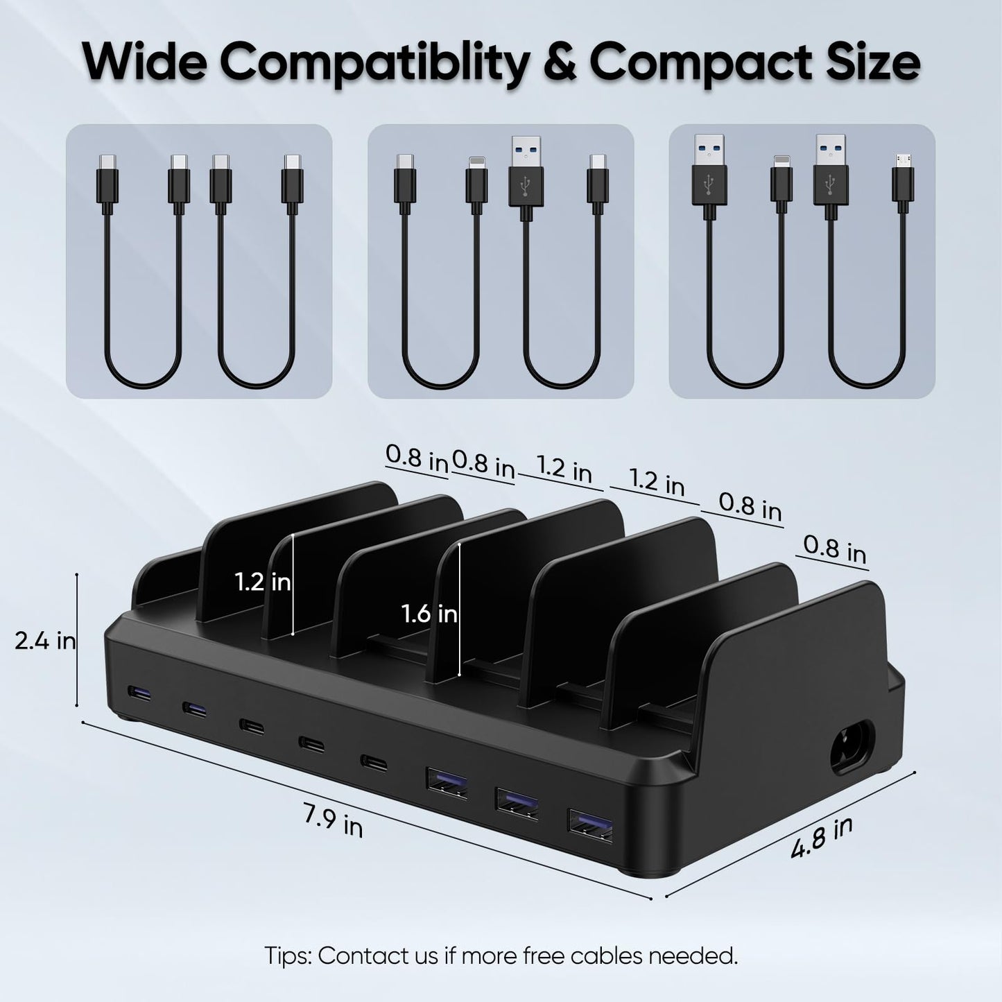 300W USB C Charging Station for Multiple Devices, 8 Port Multi Device Fast Charging Station for MacBook iPhone 15 Phone iPad Tablets Black (6 Mixed Short Cables Included)