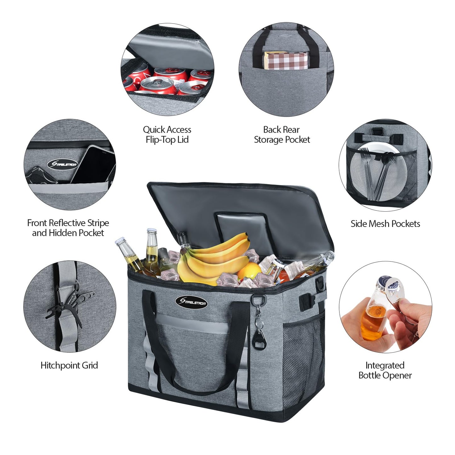 Maelstrom Collapsible Soft Cooler Bag,35/55/75 Cans Beach Cooler with Flip Top Lid, Ice Chest, Leakproof & Portable for Beach, Camping, Road Trips & Grocery Shopping (Grey, 75 Can)