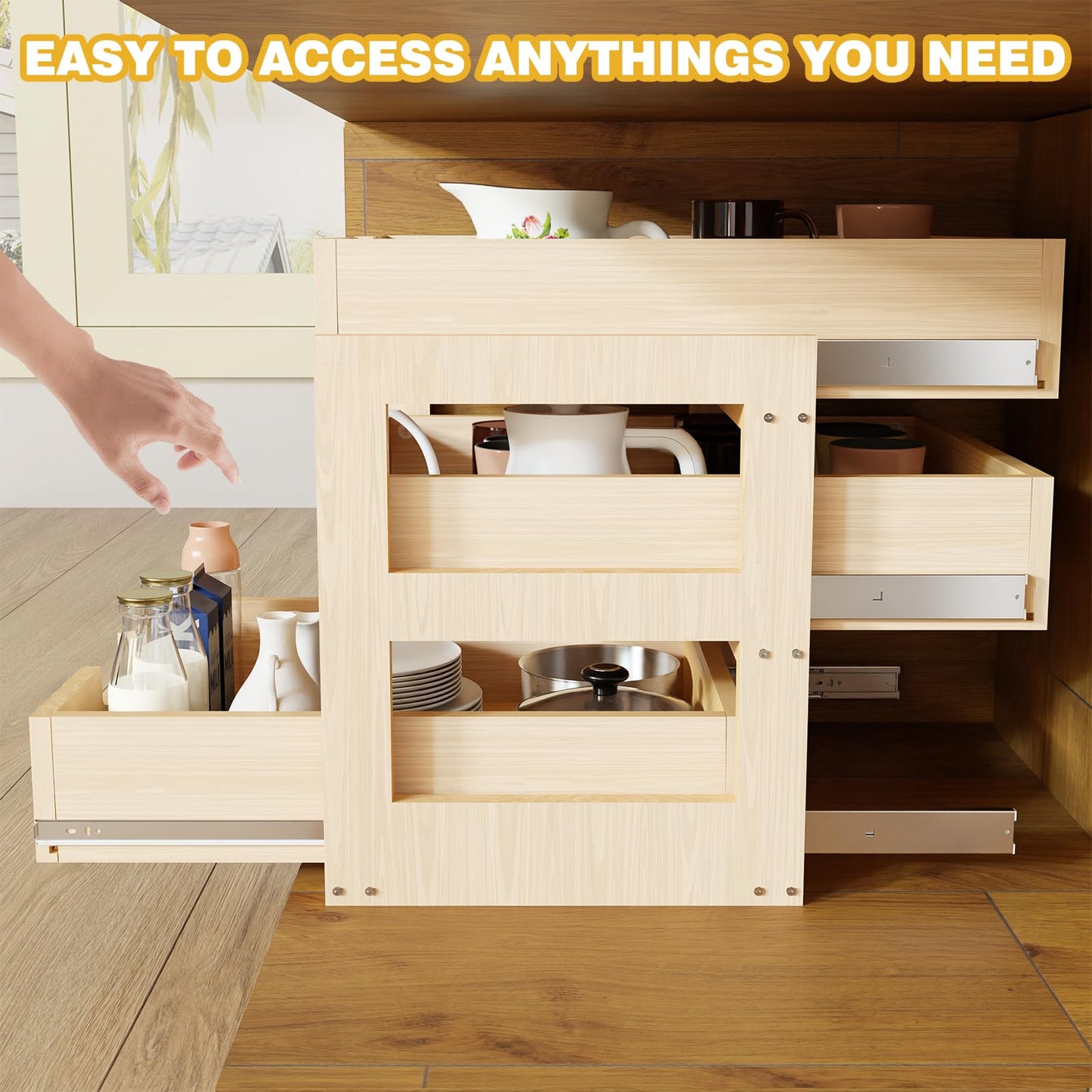 Pull Out Cabinet Organizer, 14''W×21''D×19''H Soft Close Slide Out Wooden Pull out Drawers, Three Tier Slide out Wood Cabinet Organizer, for Base Cabinet Organization in Kitchen, Pantry, Bathroom