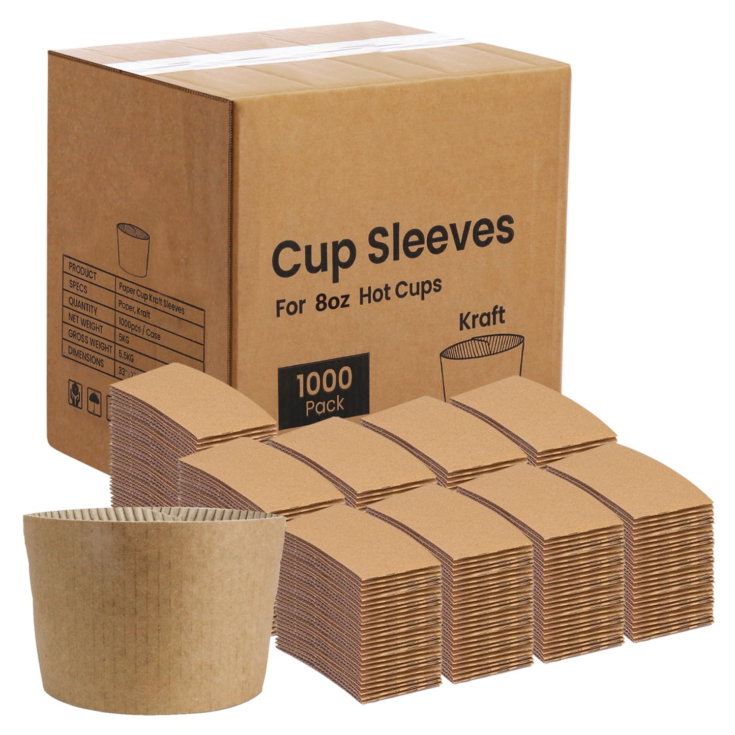 FMP Brands 1000 Pack Kraft Coffee Cup Sleeves, 8 oz, Disposable Hot & Cold Drink Insulators