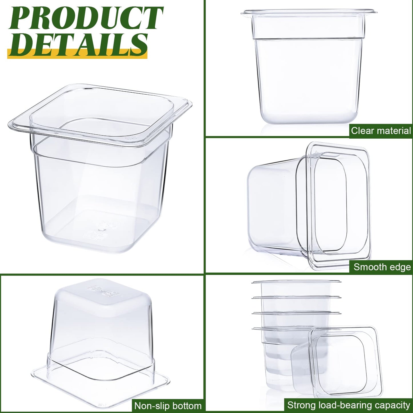 Yinder 12 Packs Plastic Clear Food Pans 1/6 Size Stackable Polycarbonate Food Containers with Capacity Indicator Restaurant Commercial Hotel Pan for Fruits Vegetables Beans Corns(6'' Deep)