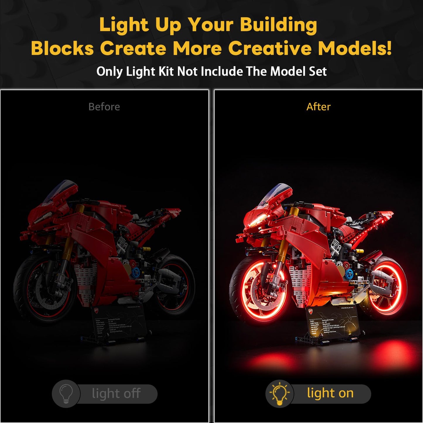 Kyglaring LED Lighting Kit for Lego Ducati Panigale V4 S Motorcycle Model Set, Compatible with Lego 42202(Classic Version)