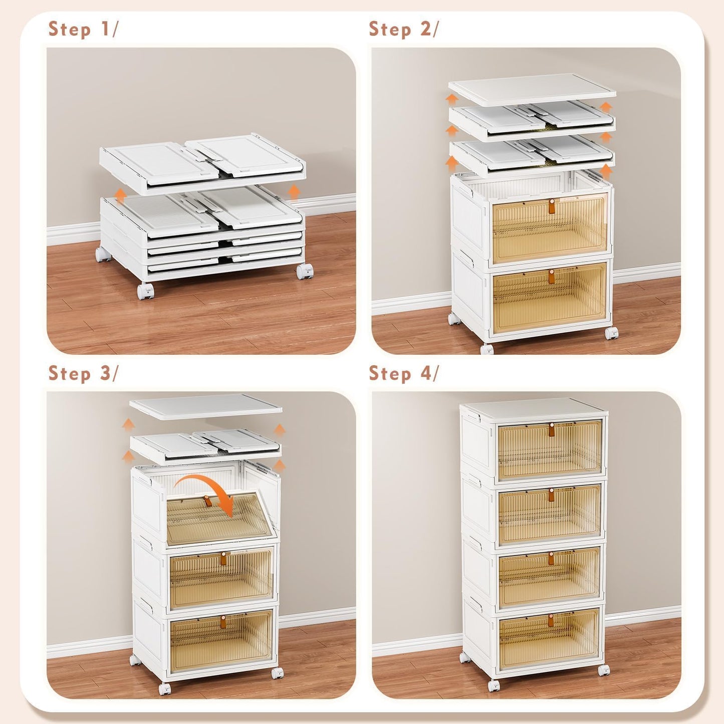 CTSNSLH 4 Tier Plastic Storage Bins with Lid - 28Qt Stackable with Lids for Bedroom, Living Room, Office - Foldable Containers, Household Organization