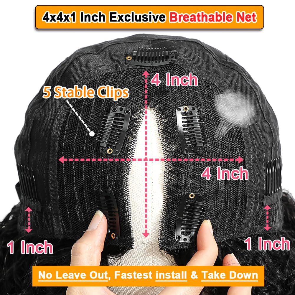 RAGMZZE v part wig human hair kinky curly upgrade u part glueless wigs human hair pre plucked pre cut for black women 180% density 4x4x1 inch middle net clip in half wig natural black 18 inch