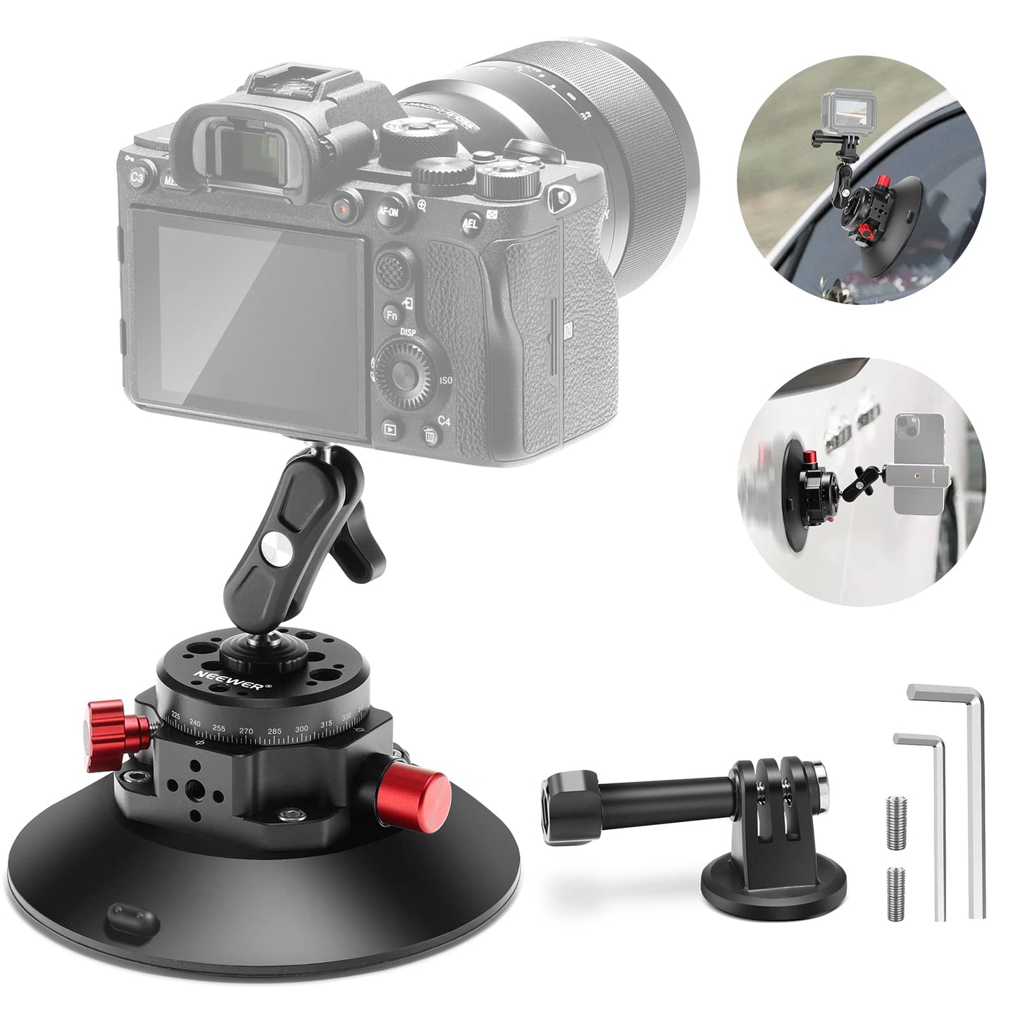 NEEWER 6"/15.2cm Camera Suction Cup Mount with Ball Head Magic Arm, Metal Suction Cup Mount on Car Windshield Dash for Camera/Action Camera/Phone Holder, with 1/4" & 3/8" Mounting Holes for ARRI