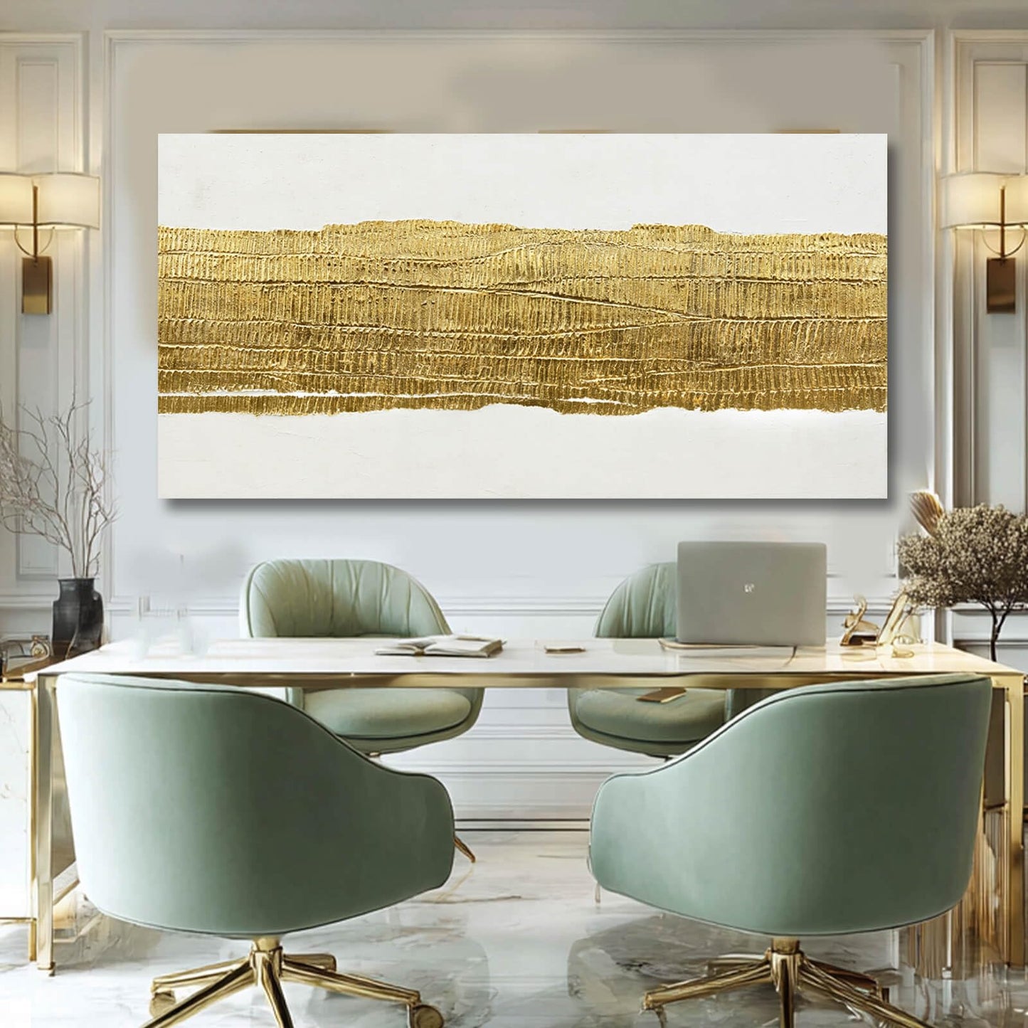 Kureful White and Gold Home Wall Decor Line Wall Decorations Modern Wall Art 24"x48" Decorative Painting for Bedroom Kitchen Pictures