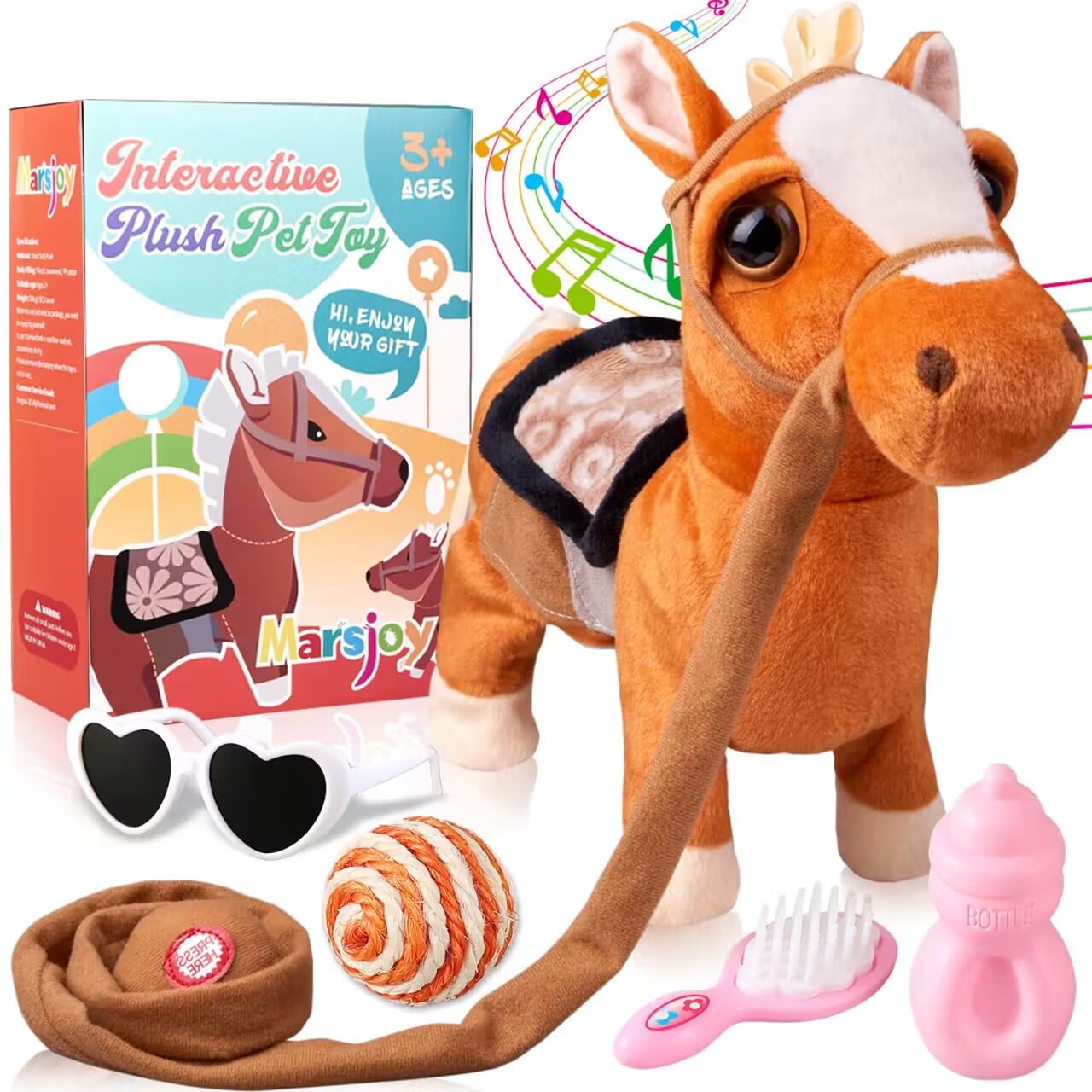Musical Singing Dancing Plush Interactive Pony Walk Along Toy Horse with Leash - Robot Plush Stuffed Animal Shaking Head Buttocks for Boys & Girls Kids or Toddlers - H: 11.81"