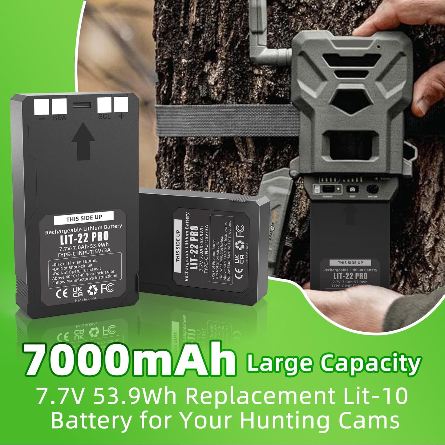 2 Pack Upgrade 7000mAh Lit-22 Rechargeable Lithium Battery for SPYPOINT Cellular Trail Cameras Flex-M, Flex-S, Flex-Plus, Flex-G36 with Type-C Charging Cable