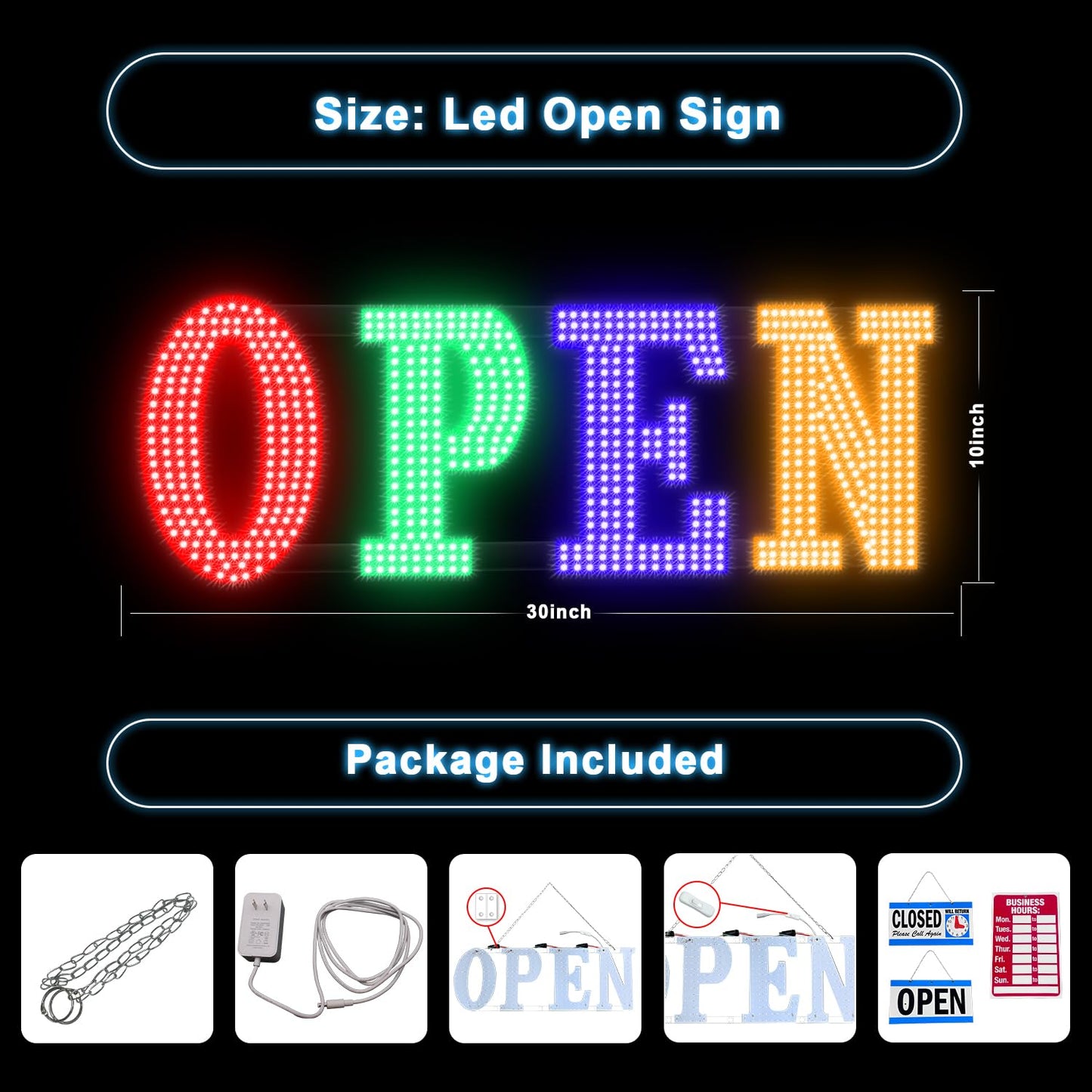 30'' x 10" Led Open Signs for Business, Ultra Bright Large Open Closed Sign with Hanging Installation, Light Up Sign for Bar Store Restaurant Office Hotel Salon Red&Green&Blue&Yellow