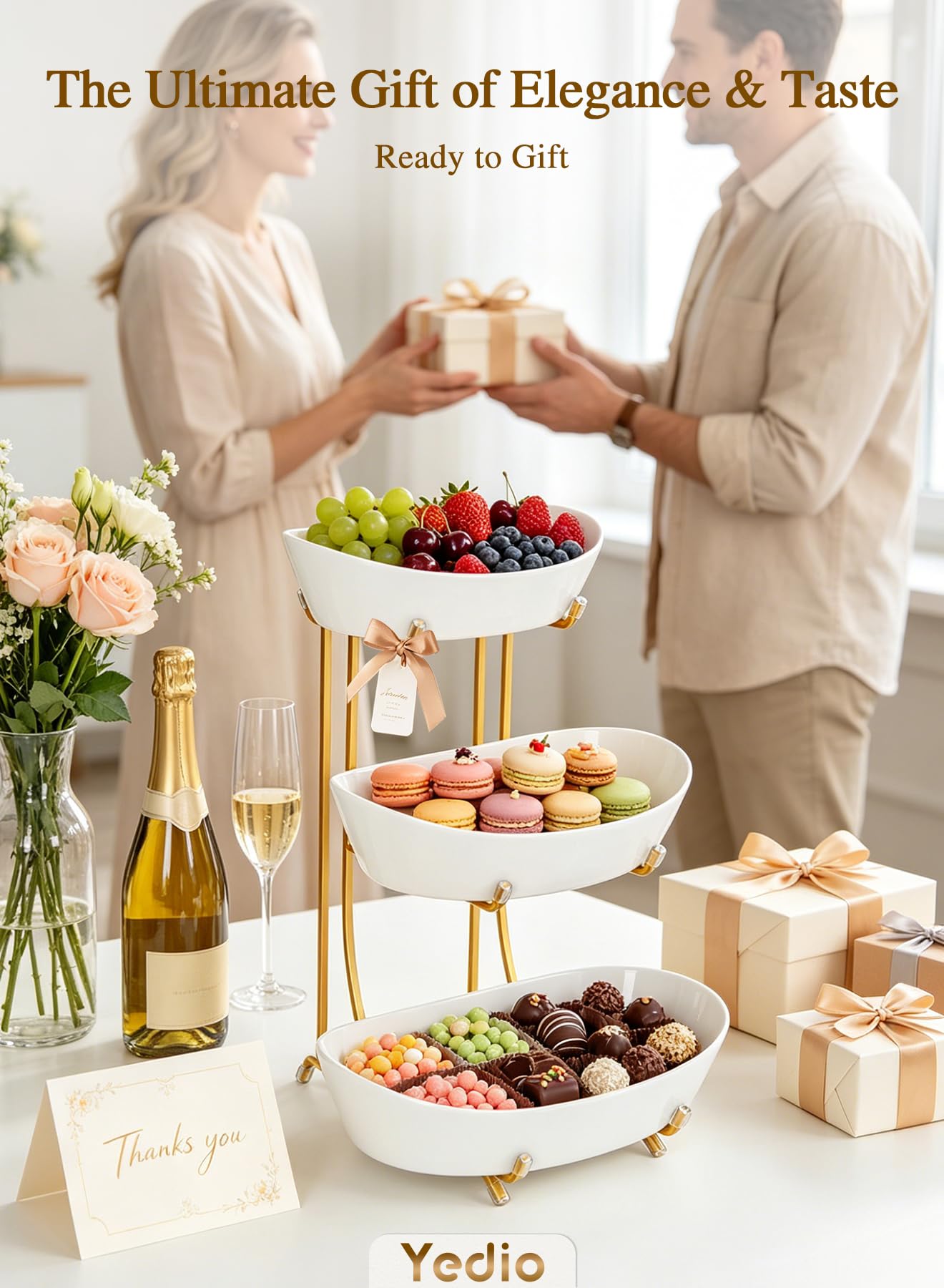 Yedio 3 Tier Fruit Bowl for Kitchen Counter, No Assembly Required Ceramic Fruit Basket with Metal Stand, Tiered Fruit Stand for Countertop for Fruit, Veggies, Snacks, Cake & Desserts