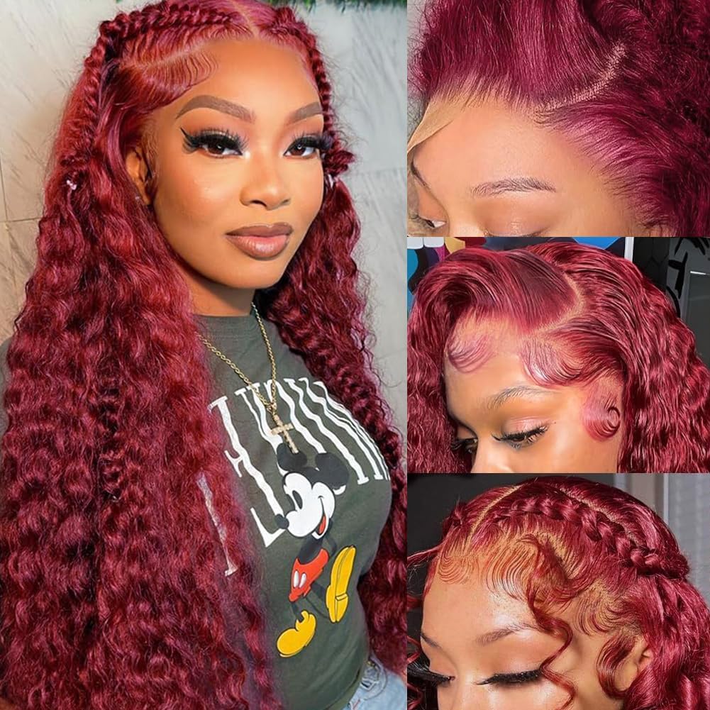 Larhali 99J HD Lace Front Wigs Human Hair Pre Plucked 250% Density Burgundy 13x6 Deep Wave Frontal Wigs Natural Hairline Human Hair Wigs for Black Women(24 Inch)
