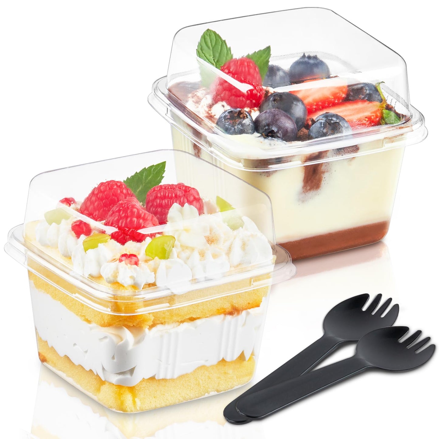 Kucoele 100 Pack 8 oz Plastic Dessert Cups with Lids and Sporks, Clear Square Cake Cups Parfait Containers for Pudding Fruit Mousse Yogurt and Shortcake