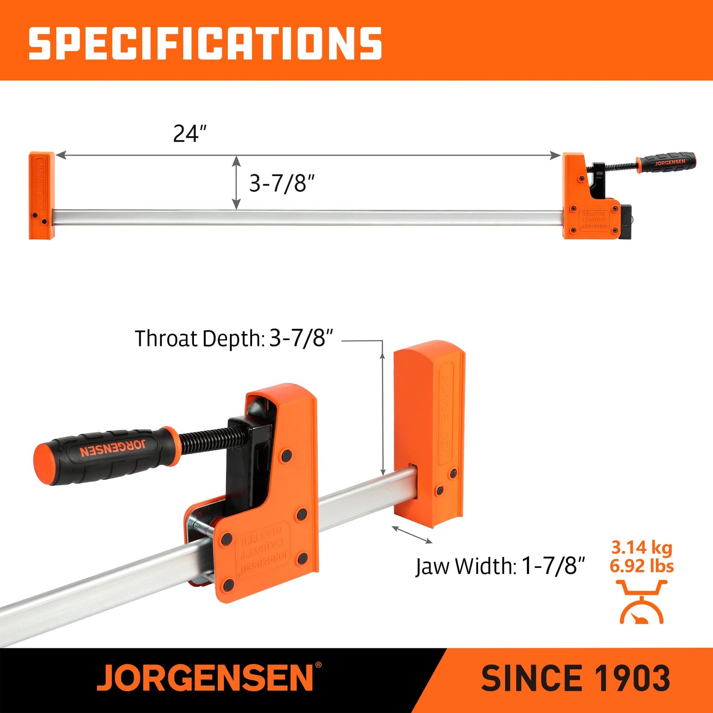 JORGENSEN 24-inch Bar Clamps, 90°Cabinet Master Parallel Jaw Bar Clamp Set, 2-pack