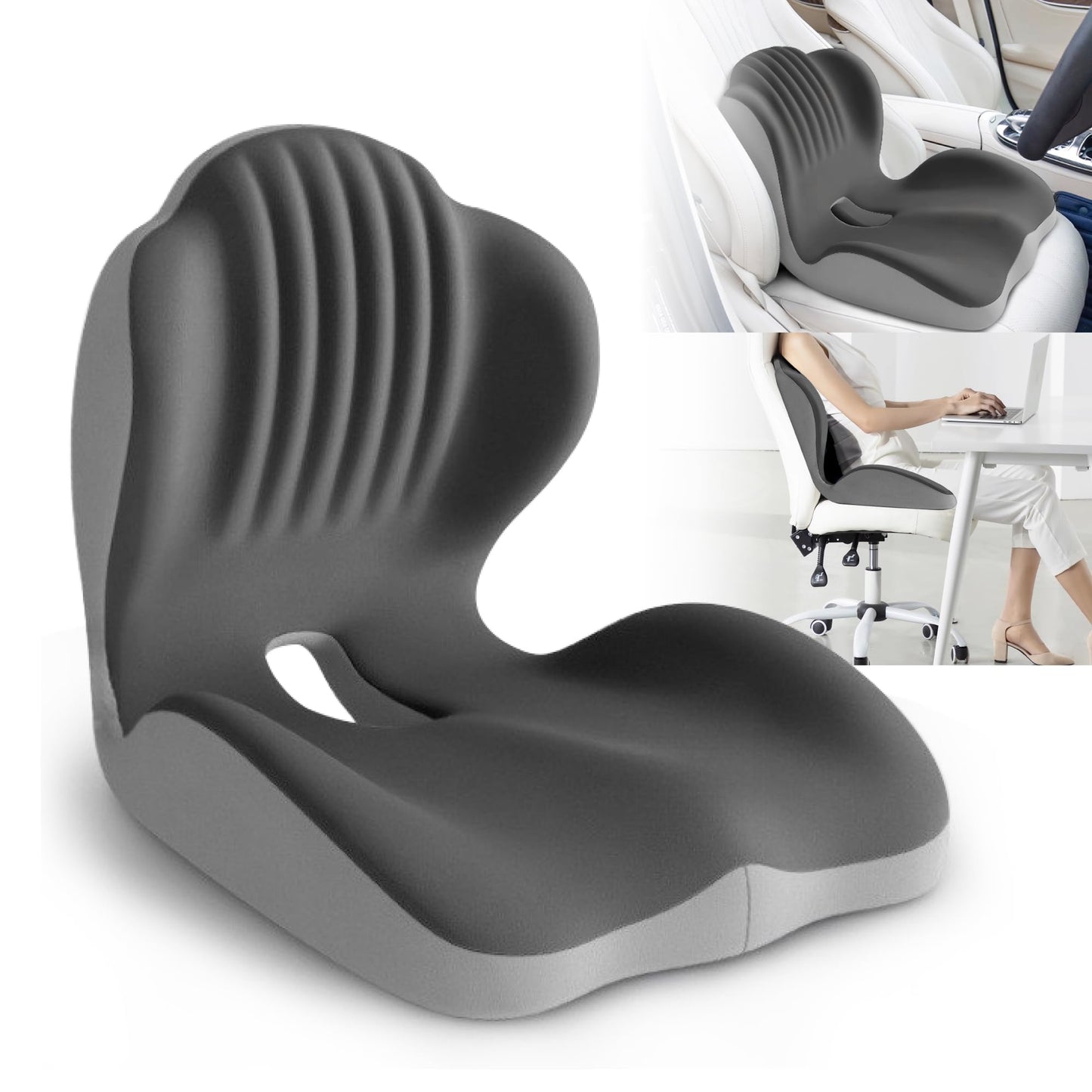Ergonomic Waist Support and Seat Cushion, 2-in-1 Memory Foam Pad, Hollow Design for Coccyx, Suitable for Office Chairs, Car Safety Seats and Household Use - Relieves Lower Back and Hip Pain (Grey)