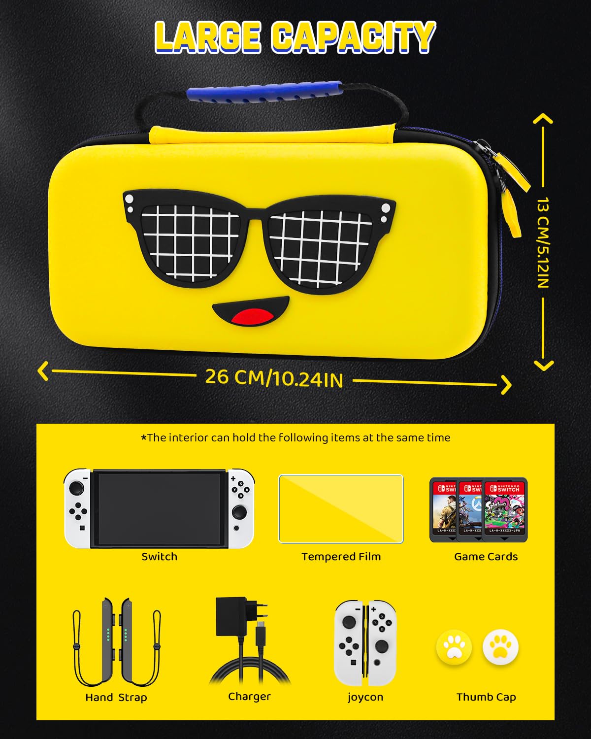 GLDRAM Yellow Switch OLED Case Bundle, Portable Travel Carrying Storage Bag for Nintendo Switch OLED, PC Protective Skin Cover, Screen Protector, Thumb Cap for Console & Accessories