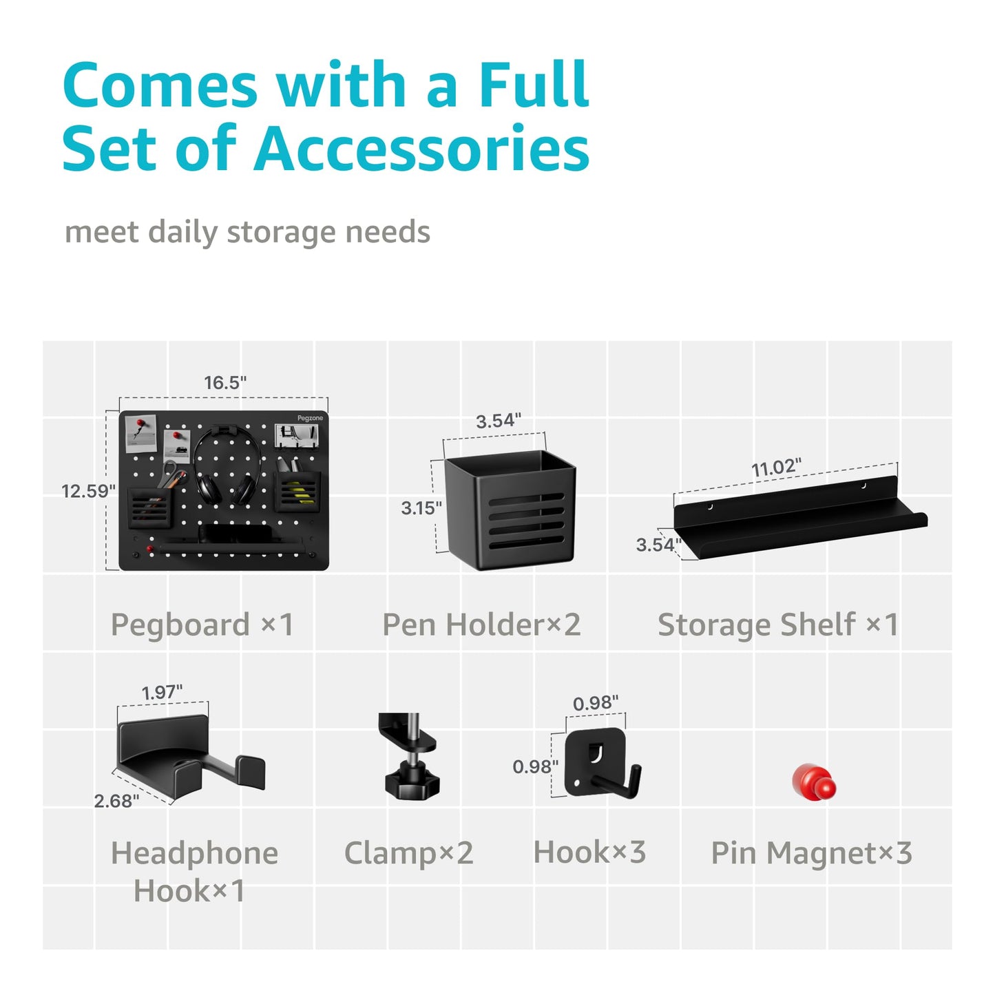 PEGZONE Clamp-on Desk Pegboard, Desk Organizer for Office Gaming Home, Magnetic Metal Peg Board with 10 Accessories, Privacy Panel for Office, 16.5" x 12.6", Medium, Black
