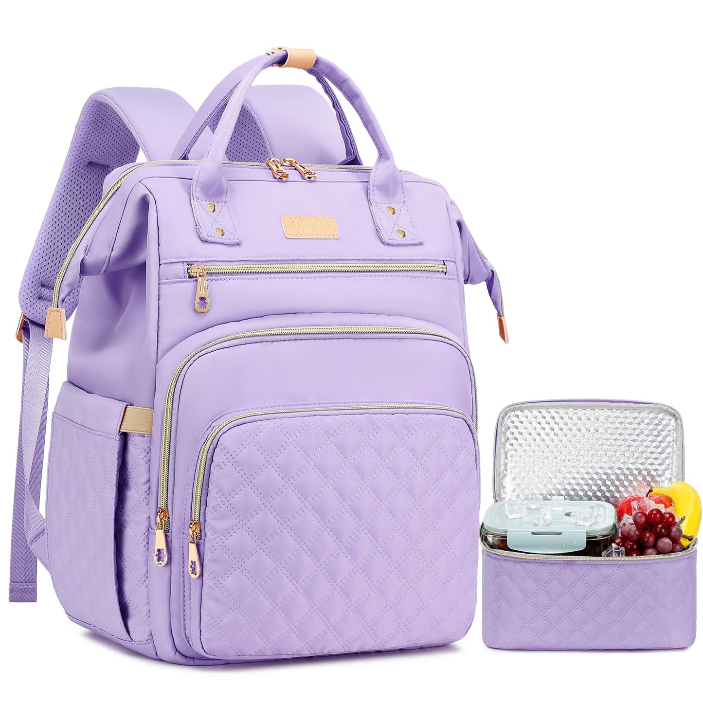 AIJIEKE Lunch Backpack for Women, 15.6 Inch Laptop Backpack with Detachable Insulated Cooler Lunch Box, 2-in-1 Water Resistant Work Computer Bag for Nurse Teacher College Commute, Purple