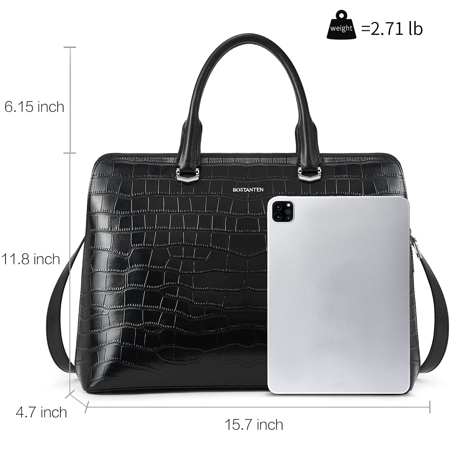 BOSTANTEN Briefcase for Women Leather 15.6 inch Laptop Shoulder Bags Office Work Crossbody Handbags Crocodile Pattern Black
